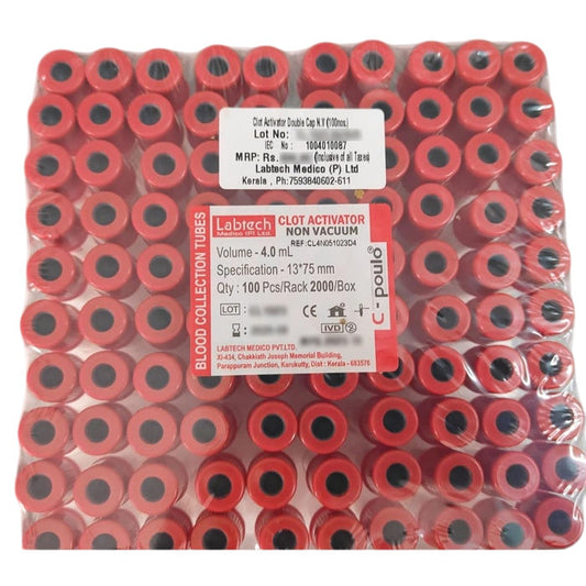 2 x Labtech Clot Activator Non Vacuum Blood Collection Tube - 4ml Pack of 100 Pieces